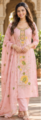 Women Premium Soft Piunk Mul Chanderi Embroidery Kurta Pant and Dupatta set