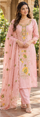 Women Premium Soft Piunk Mul Chanderi Embroidery Kurta Pant and Dupatta set