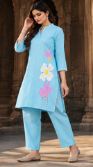 Women Premium Sky Blue Mul Chanderi Embroidery Kurta Pant set