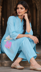 Women Premium Sky Blue Mul Chanderi Embroidery Kurta Pant set