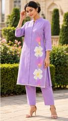 Women Premium Purple Mul Chanderi Embroidery Kurta Pant set