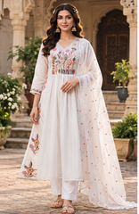 Women Premium White Mul Chanderi Embroidery Kurta Pant and Dupatta set