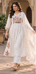 Women Premium White Mul Chanderi Embroidery Kurta Pant and Dupatta set
