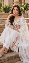 Women Premium White Mul Chanderi Embroidery Kurta Pant and Dupatta set