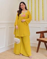 Women Yellow Cotton Embroidery Landscape Co-Ord set