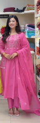 Women Pink Cotton Kodi Embroidery Kurta Pant and Malmal Dupatta set