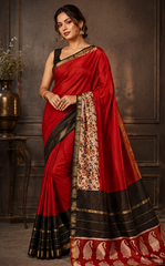 Pure Red block Printed Maheshwari Border Silk Saree