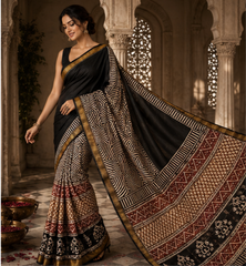 Pure Black Maheshwari Border Silk Saree