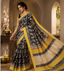 Pure Black Shell Maheshwari Border Silk Saree