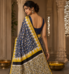 Pure Navy Blue Flowers Maheshwari Border Silk Saree