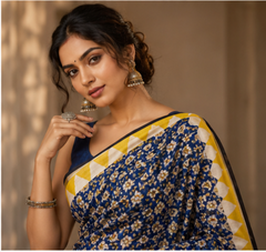 Pure Navy Blue Flowers Maheshwari Border Silk Saree