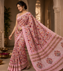Pure Pink Block Printed Maheshwari Border Silk Saree