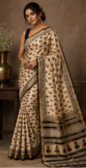 Pure Cream Block Print Maheshwari Border Silk Saree