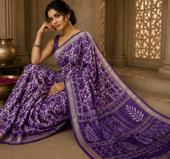 Pure Purple Block Print Maheshwari Border Silk Saree