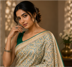 Pure CHIKU Handblock Print Maheshwari Border Silk Saree