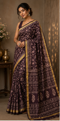 Pure Wine Handblock Print Maheshwari Border Silk Saree