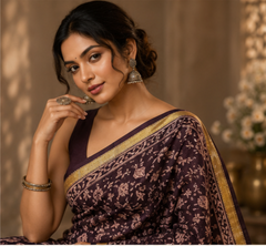 Pure Wine Handblock Print Maheshwari Border Silk Saree
