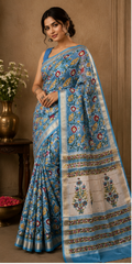 Pure Sky Blue Block Print Maheshwari Border Silk Saree