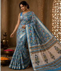 Pure Sky Blue Block Print Maheshwari Border Silk Saree
