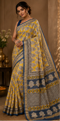 Pure Yellow Handblock Print Maheshwari Border Silk Saree