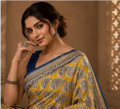 Pure Yellow Handblock Print Maheshwari Border Silk Saree
