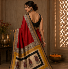 Pure Red Carrie Handblock Print Maheshwari Border Silk Saree