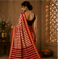 Pure Red Zebra Block Print Maheshwari Border Silk Saree