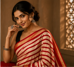 Pure Red Zebra Block Print Maheshwari Border Silk Saree
