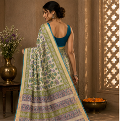 Pure Green Flowers Block Print Maheshwari Border Silk Saree