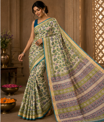 Pure Green Flowers Block Print Maheshwari Border Silk Saree