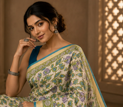 Pure Green Flowers Block Print Maheshwari Border Silk Saree