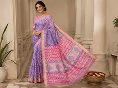Pure Purple Pink Combo Block Print Maheshwari Border Silk Saree
