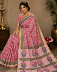 Pure Pink Flowers Block Print Maheshwari Border Silk Saree