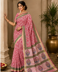Pure Pink Flowers Block Print Maheshwari Border Silk Saree