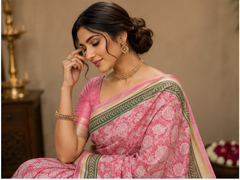 Pure Pink Flowers Block Print Maheshwari Border Silk Saree