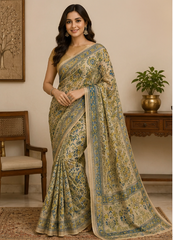 Pure Pista Handblock Print Chiffon Saree