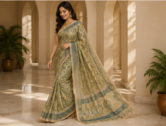 Pure Pista Handblock Print Chiffon Saree