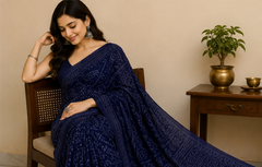 Pure Navy Handblock Print Chiffon Saree