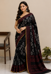 Pure Black Flower Handblock Print Chiffon Saree