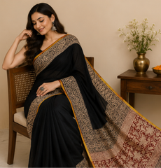 Pure Black Handblock Print Chiffon Saree