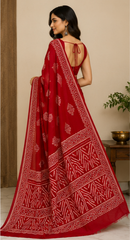 Pure Red Squares Handblock Print Chiffon Saree