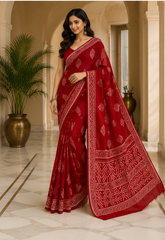 Pure Red Squares Handblock Print Chiffon Saree