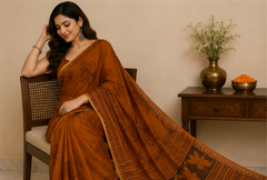Pure Rust Brown Handblock Print Chiffon Saree