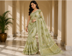 Pure Sage Green Handblock Print Chiffon Saree