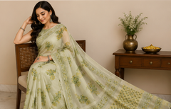 Pure Sage Green Handblock Print Chiffon Saree