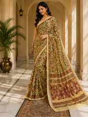 Pure Beige Handblock Print Chiffon Saree