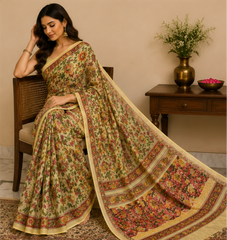 Pure Beige Handblock Print Chiffon Saree