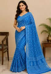 Pure Blue Handblock Print Chiffon Saree