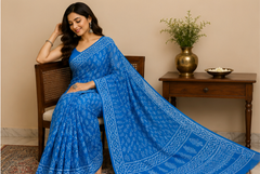 Pure Blue Handblock Print Chiffon Saree