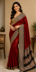 Pure Red Handblock Print Chiffon Saree